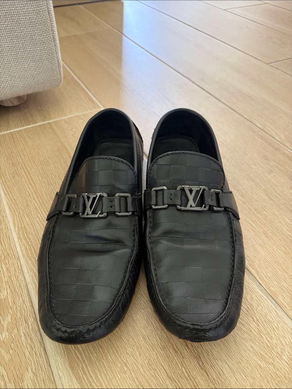 Louis Vuitton Black Damier Canvas & Leather Slip-On Loafers